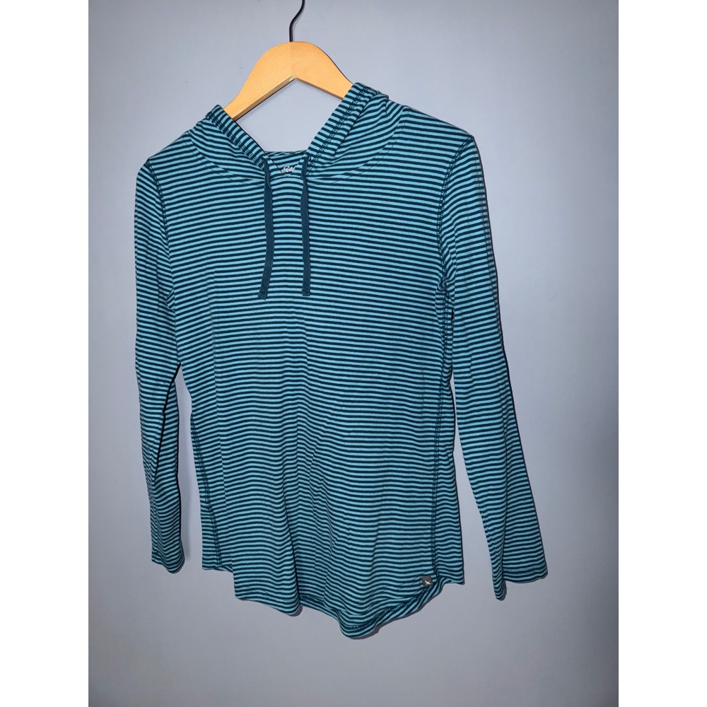 Eddie Bauer Womens M Striped Hooded Long Sleeve Shirt‎ Teal Navy Outdoor Top